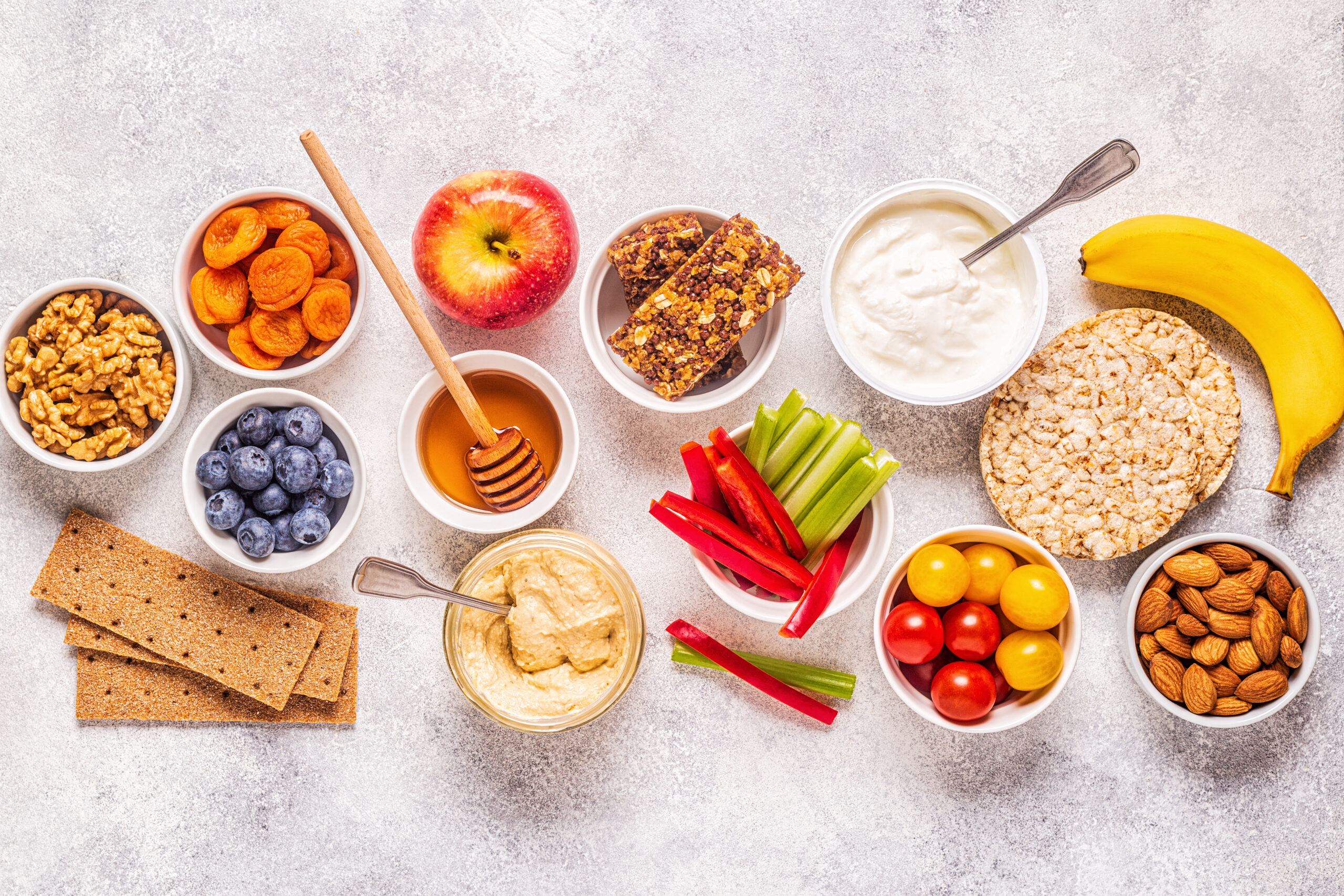Healthy snack concept, top view.
